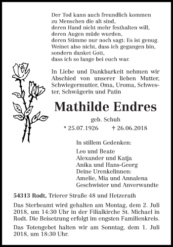 Todesanzeige von Mathilde Endres von trierischer_volksfreund