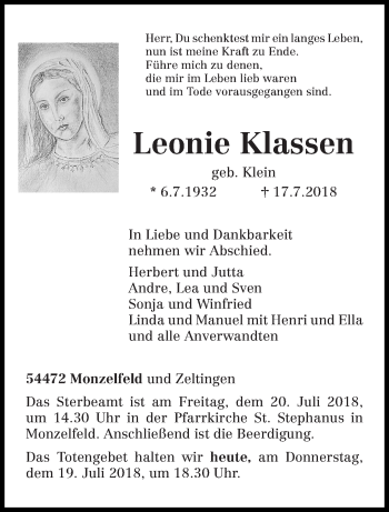 Todesanzeige von Leonie Klassen von trierischer_volksfreund