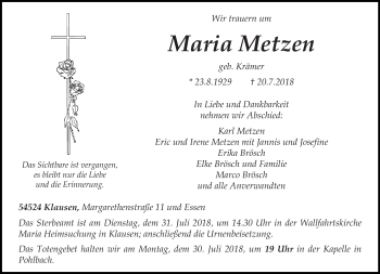 Todesanzeige von Maria Metzen von trierischer_volksfreund
