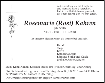 Todesanzeige von Rosemarie Kahren von trierischer_volksfreund