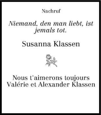 Todesanzeige von Susanna Klassen von trierischer_volksfreund