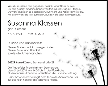 Todesanzeige von Susanna Klassen von trierischer_volksfreund