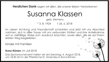 Todesanzeige von Susanna Klassen von trierischer_volksfreund
