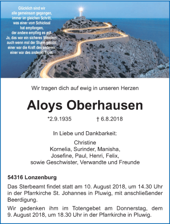 Todesanzeige von Aloys Oberhausen von trierischer_volksfreund