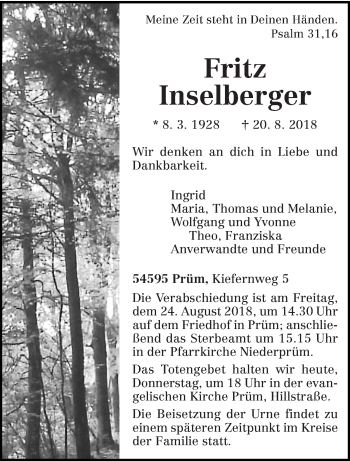 Todesanzeige von Fritz Inselberger von trierischer_volksfreund