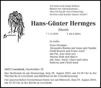 Todesanzeige von Hans-Günter Hermges von trierischer_volksfreund
