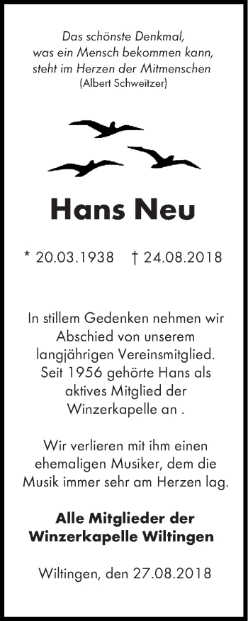 Todesanzeige von Hans Neu von trierischer_volksfreund