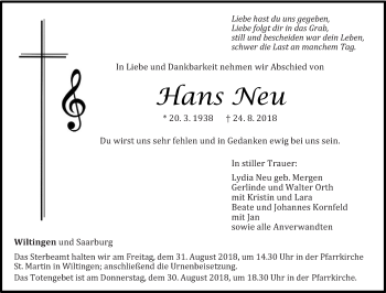 Todesanzeige von Hans Neu von trierischer_volksfreund