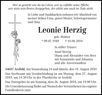 Todesanzeige von Leonie Herzig von trierischer_volksfreund