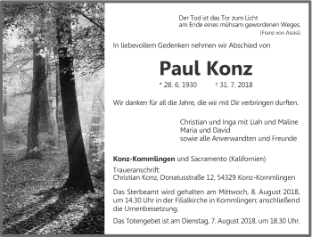 Todesanzeige von Paul Konz von trierischer_volksfreund