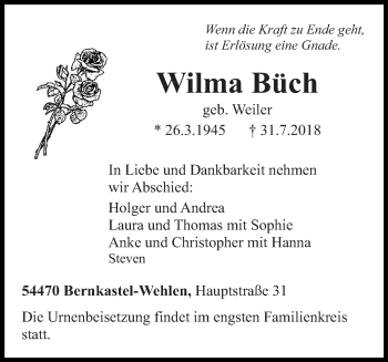 Todesanzeige von Wilma Büch von trierischer_volksfreund