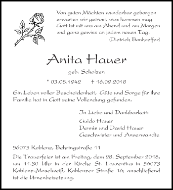 Todesanzeige von Anita Hauer von trierischer_volksfreund