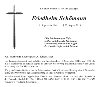 Todesanzeige von Friedhelm Schömann von trierischer_volksfreund