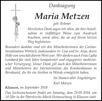Todesanzeige von Maria Metzen von trierischer_volksfreund