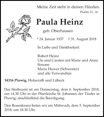 Todesanzeige von Paula Heinz von trierischer_volksfreund