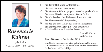 Todesanzeige von Rosemarie Kahren von trierischer_volksfreund