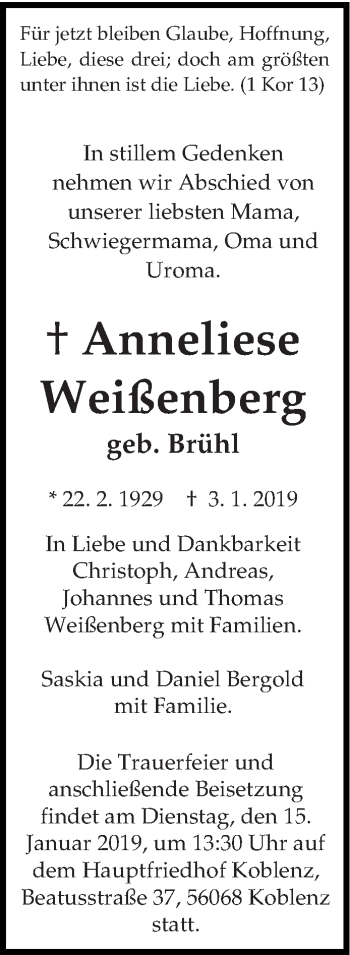 Todesanzeige von Anneliese Weißenberg von trierischer_volksfreund