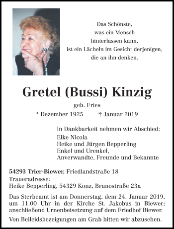 Todesanzeige von Gretel Kinzig von trierischer_volksfreund