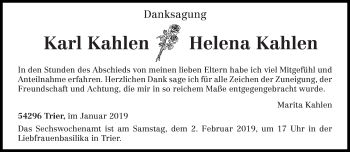 Todesanzeige von Karl und Helena Kahlen von trierischer_volksfreund