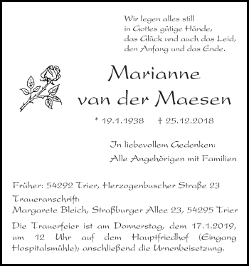 Todesanzeige von Marianne van der Maesen von trierischer_volksfreund