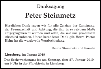 Todesanzeige von Peter Steinmetz von trierischer_volksfreund