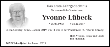 Todesanzeige von Yvonne Lübeck von trierischer_volksfreund