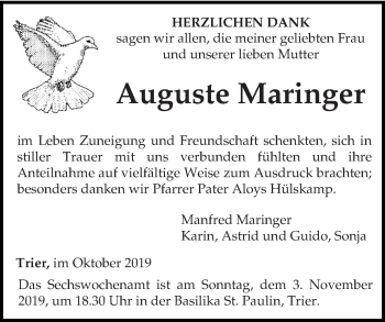Todesanzeige von Auguste Maringer von trierischer_volksfreund