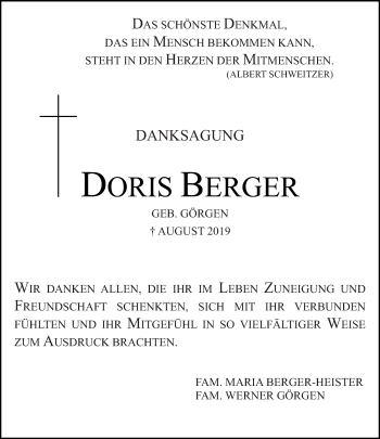 Todesanzeige von Doris Berger von trierischer_volksfreund