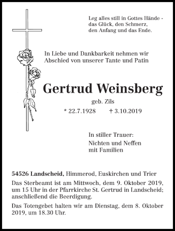 Todesanzeige von Gertrud Weinsberg von trierischer_volksfreund