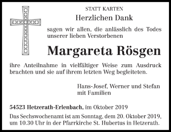 Todesanzeige von Margareta Rösgen von trierischer_volksfreund