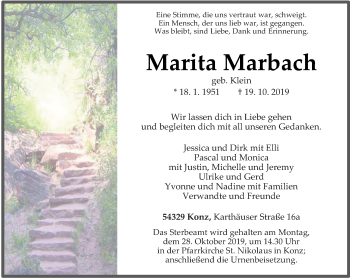 Todesanzeige von Marita Marbach von trierischer_volksfreund