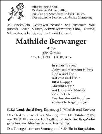 Todesanzeige von Mathilde Berwanger von trierischer_volksfreund