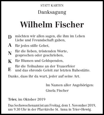 Todesanzeige von Wilhelm Fischer von trierischer_volksfreund