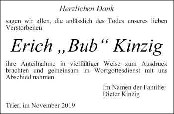 Todesanzeige von Erich Kinzig von trierischer_volksfreund