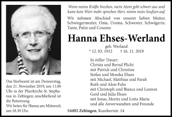 Todesanzeige von Hanna Ehses-Werland von trierischer_volksfreund