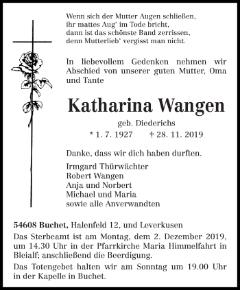 Todesanzeige von Katharina Wangen von trierischer_volksfreund