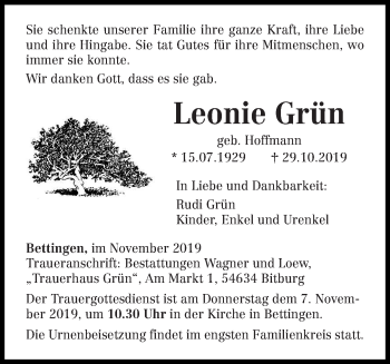 Todesanzeige von Leonie Grün von trierischer_volksfreund