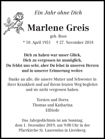 Todesanzeige von Marlene Greis von trierischer_volksfreund
