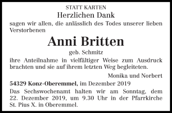 Todesanzeige von Anni Britten von trierischer_volksfreund