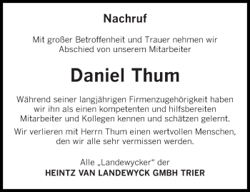 Todesanzeige von Daniel Thum von trierischer_volksfreund