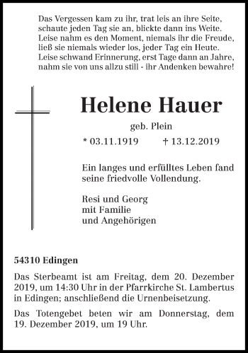 Todesanzeige von Helene Hauer von trierischer_volksfreund