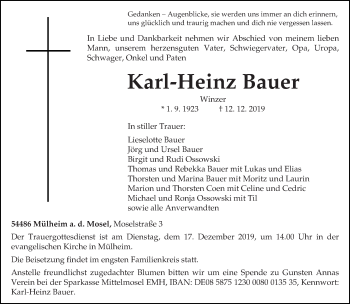 Todesanzeige von Karl-Heinz Bauer von trierischer_volksfreund