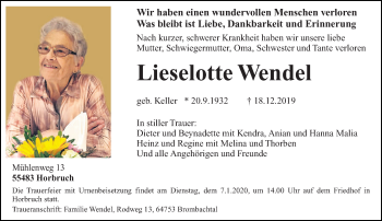 Todesanzeige von Lieselotte Wendel von trierischer_volksfreund