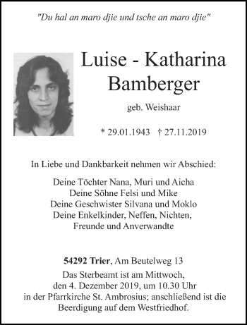 Todesanzeige von Luise-Katharina Bamberger von trierischer_volksfreund