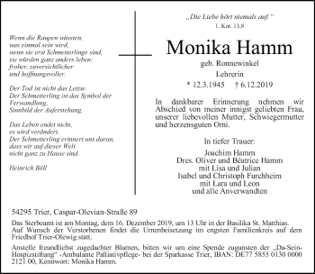 Todesanzeige von Monika Hamm von trierischer_volksfreund