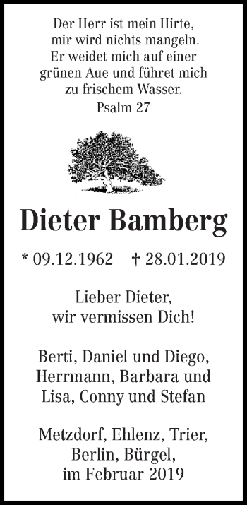 Todesanzeige von Dieter Bamberg von trierischer_volksfreund