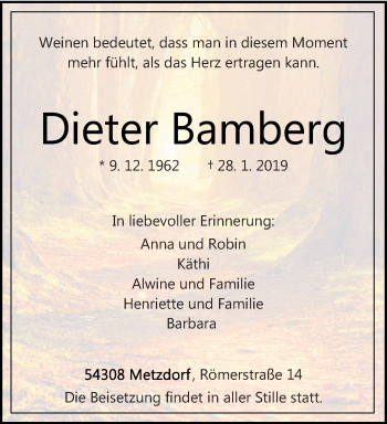 Todesanzeige von Dieter Bamberg von trierischer_volksfreund
