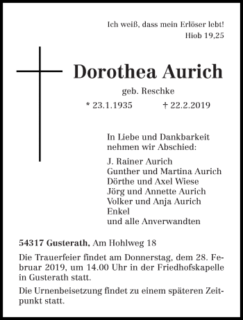 Todesanzeige von Dorothea Aurich von trierischer_volksfreund