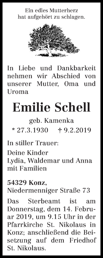 Todesanzeige von Emilie Schell von trierischer_volksfreund