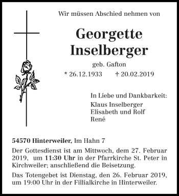 Todesanzeige von Georgette Inselberger von trierischer_volksfreund